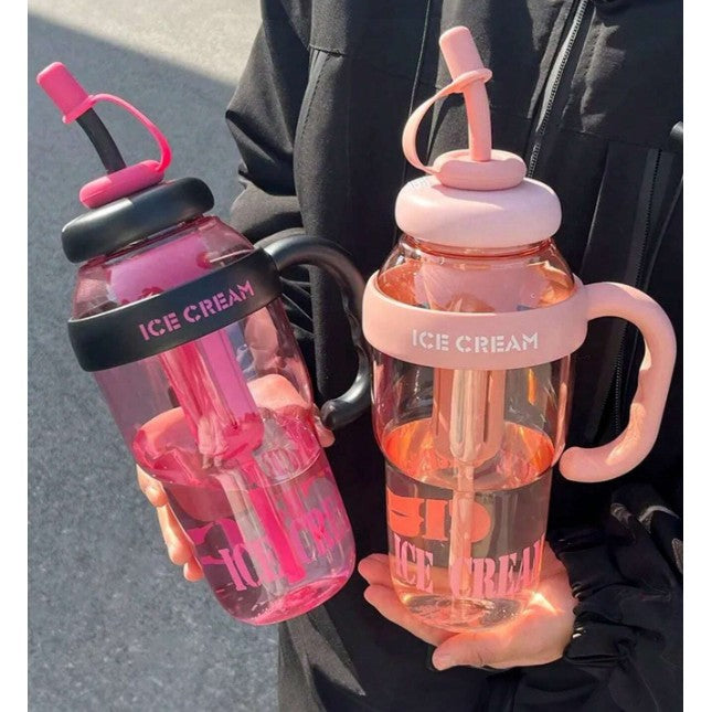 Sticla de Apa, Vivimall, Termica, Mentinere 6 Ore, 1400 mL, cu Pai si Capac, PP si Silicon, cu Maner Negru, 25.5x7.5 cm, Roz - vivimall.ro