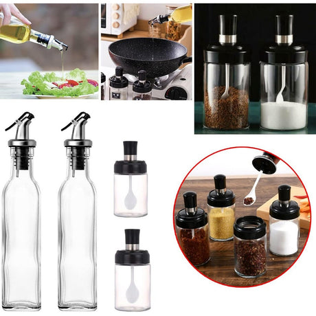 Sticle si Borcane de Ulei de Masline, Vivimall, Dozator Set 4 Bucati, 2 Sticle cu Dispenser 500 ml/buc, 2 Borcane pentru Condimente cu Capac si Lingura 120ml/buc, Transparent - vivimall.ro