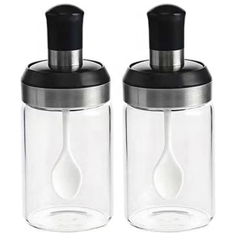 Sticle si Borcane de Ulei de Masline, Flippy, Dozator Set 4 Bucati, 2 Sticle cu Dispenser 500 ml/buc, 2 Borcane pentru Condimente cu Capac si Lingura 120ml/buc, Transparent