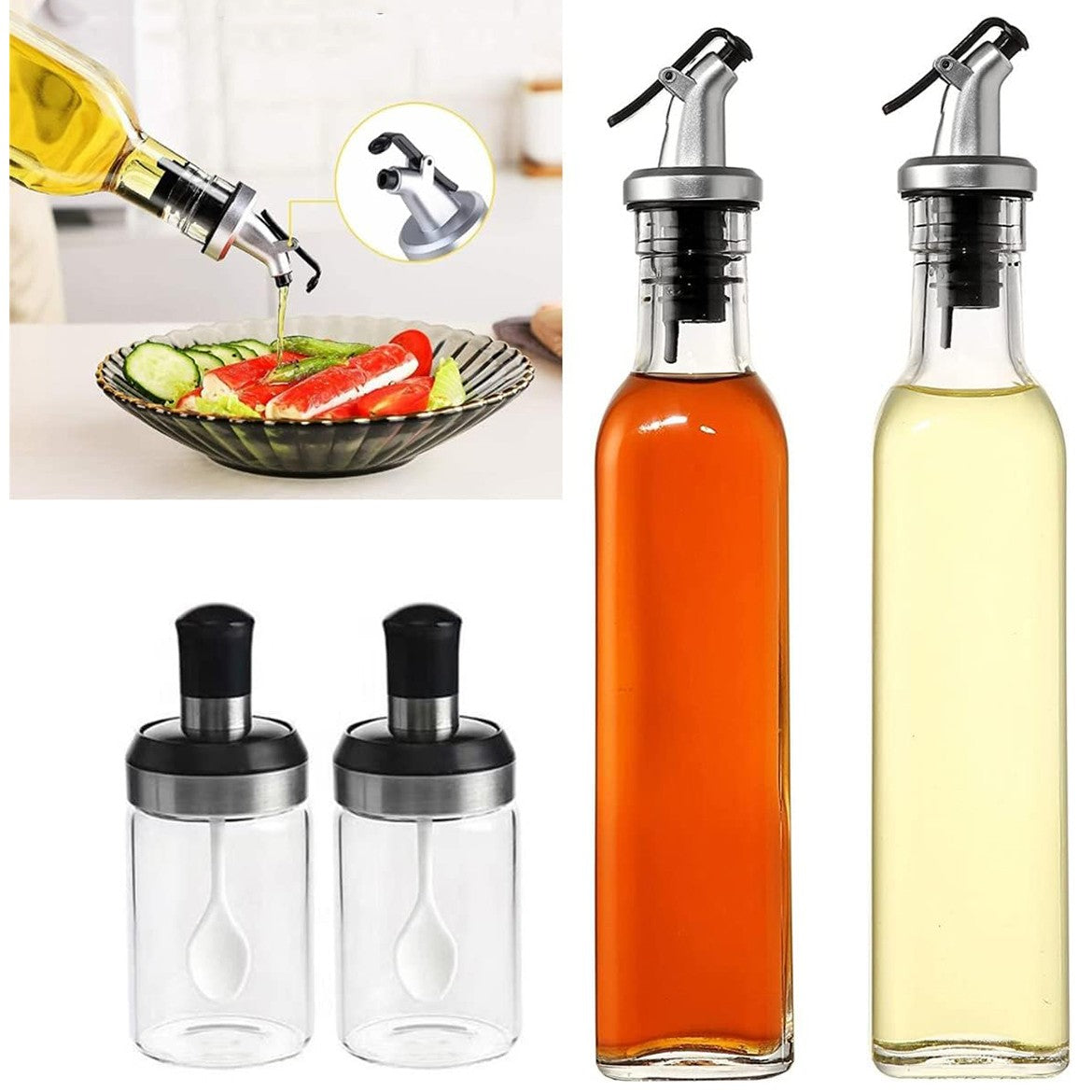 Sticle si Borcane de Ulei de Masline, Flippy, Dozator Set 4 Bucati, 2 Sticle cu Dispenser 500 ml/buc, 2 Borcane pentru Condimente cu Capac si Lingura 120ml/buc, Transparent
