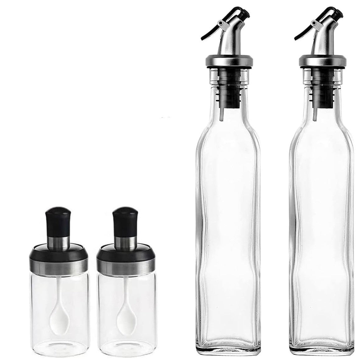Sticle Si Borcane De Ulei De Masline, Dozator Set 4 Bucati, 2 Sticle Cu Dispenser 500 Ml/Buc, 2 Borcane Pentru Condimente Cu Capac Si Lingura 120Ml/Buc - vivimall.ro