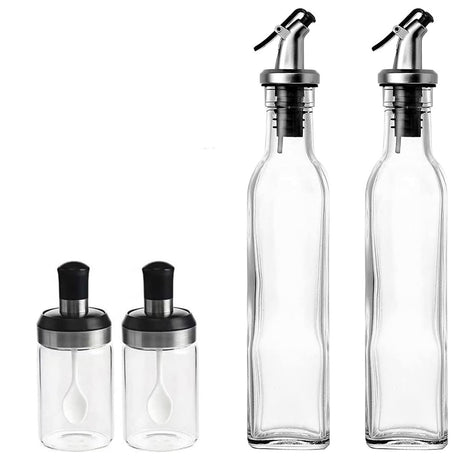 Sticle si Borcane de Ulei de Masline, Vivimall, Dozator Set 4 Bucati, 2 Sticle cu Dispenser 500 ml/buc, 2 Borcane pentru Condimente cu Capac si Lingura 120ml/buc, Transparent - vivimall.ro