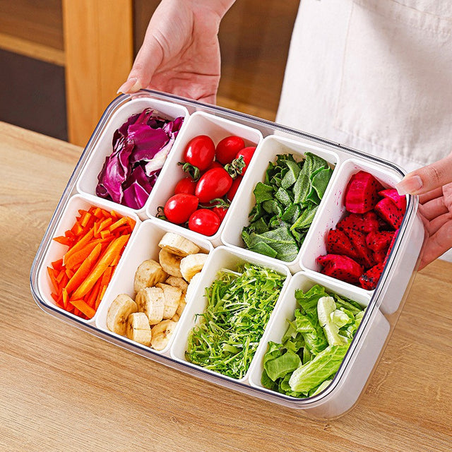 Cutie Pentru Depozitare Alimente, 8 Compartimente Cu Capac, Material Pet+Pp, 29 X 20 X 9 Cm, Alb/Transparent - vivimall.ro