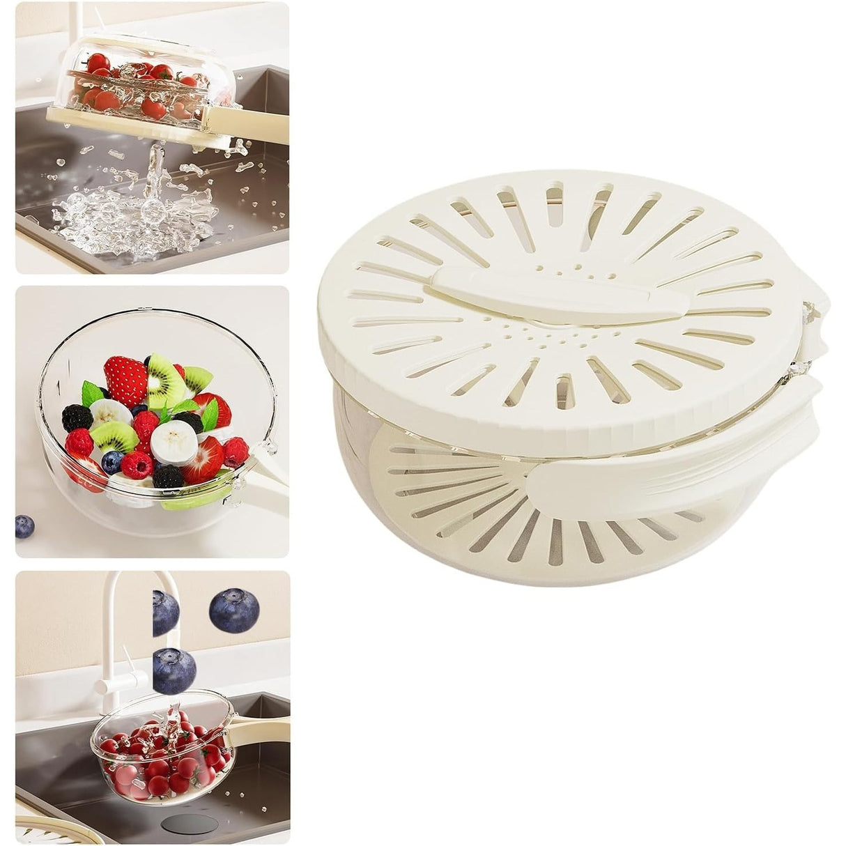 Strecurătoare, 2 În 1, Pentru Fructe Și Legume, Coș De Scurgere Și Cutie De Depozitare, 15,5 x 8,3 cm, Din PP, Cu Mâner Și Capac - vivimall.ro