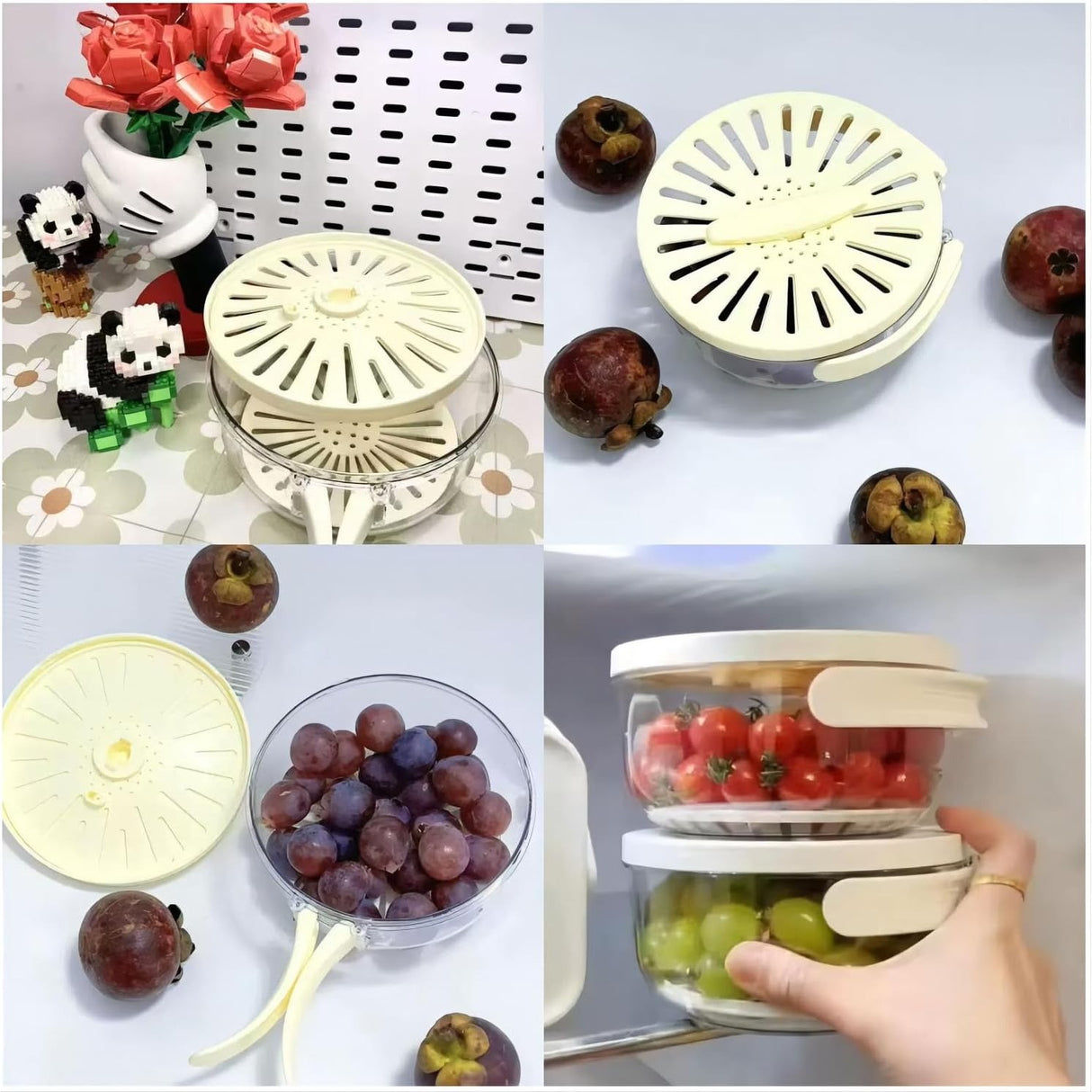 Strecurătoare, 2 În 1, Pentru Fructe Și Legume, Coș De Scurgere Și Cutie De Depozitare, 15,5 x 8,3 cm, Din PP, Cu Mâner Și Capac - vivimall.ro