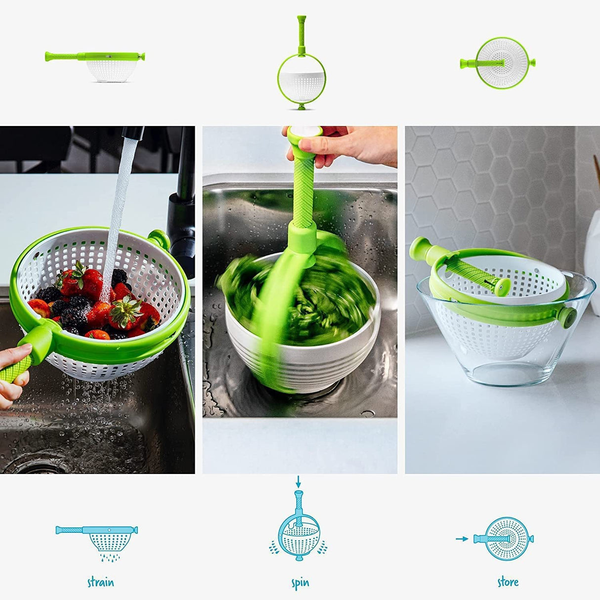 Strecuratoare Multifunctionala Rotativa, Cu Maner, Material Abs, 22X12 Cm, Maner 18 Cm, Cu Ventuza Pentru Prindere Sigura, Practic Si Usor De Folosit, Verde - vivimall.ro