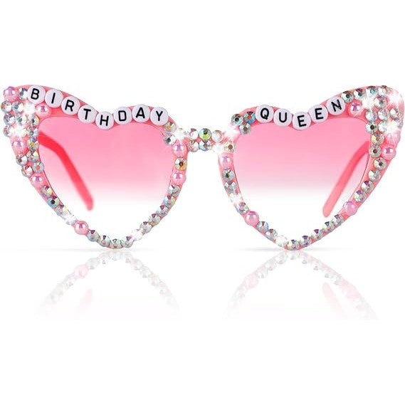 Ochelari Decorativi, Vivimall, Model Birthday Queen, cu Diamante, pentru Aniversari, din PC, 15.3 x 5.7 x 14.5 cm, Roz - vivimall.ro