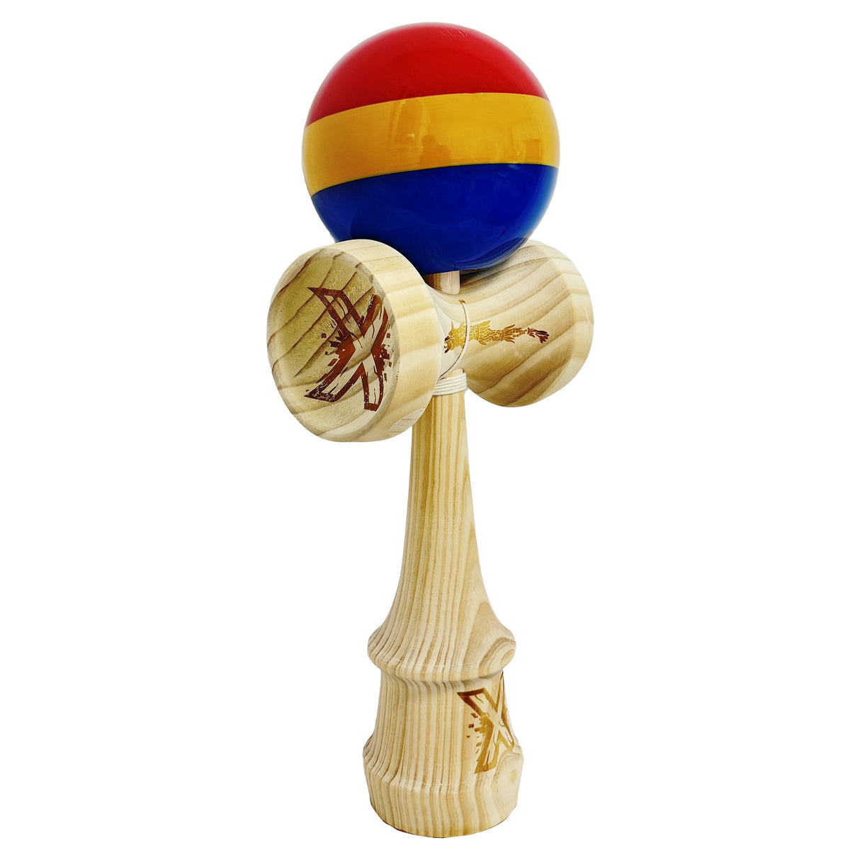 Kendama originală profesională Super Big din lemn, înălțime 52 cm, bilă sticky 17 cm, multicolor – vedere frontală