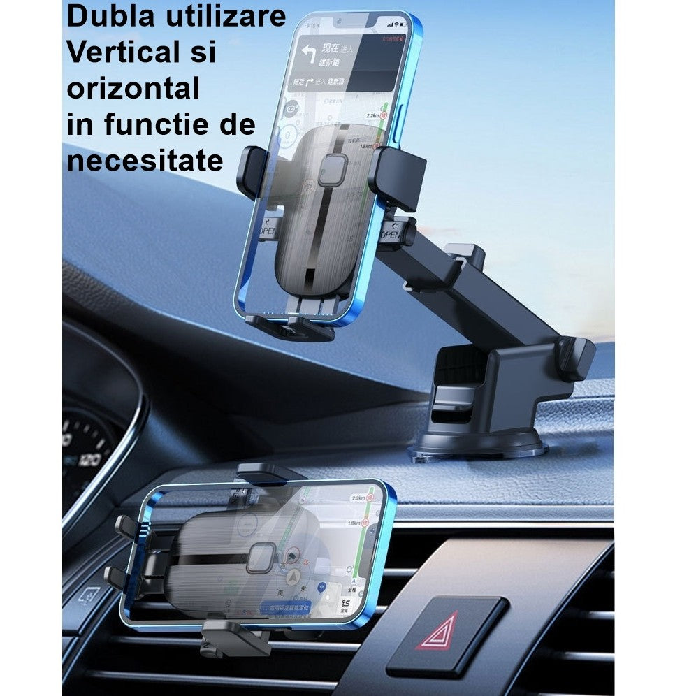Suport Auto Telefon Flippy, Prindere Grila Ventilatie, Tija Fixare Reglabila, Rotativ 90 grade, Design Modern, Detalii Fine, Material Plastic si Silicon, 11 x  8.5 cm, Negru - vivimall.ro