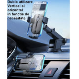 Suport Auto Telefon Flippy, Prindere Grila Ventilatie, Tija Fixare Reglabila, Rotativ 90 grade, Design Modern, Detalii Fine, Material Plastic si Silicon, 11 x  8.5 cm, Negru - vivimall.ro