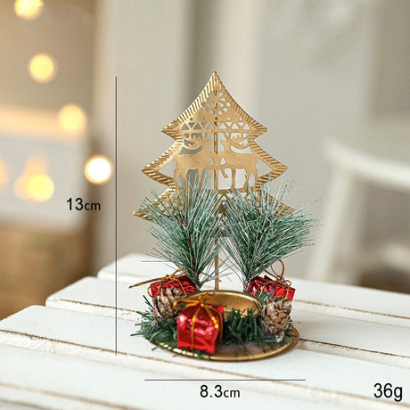 Suport Decorativ pentru Lumanare de Craciun, Flippy, Ornament pentru Lumanare pe Masa, Model Brad cu Reni si Crengute de Brad, din Art Metal, fara Lumanare 13 x 8.3 cm, Auriu - vivimall.ro