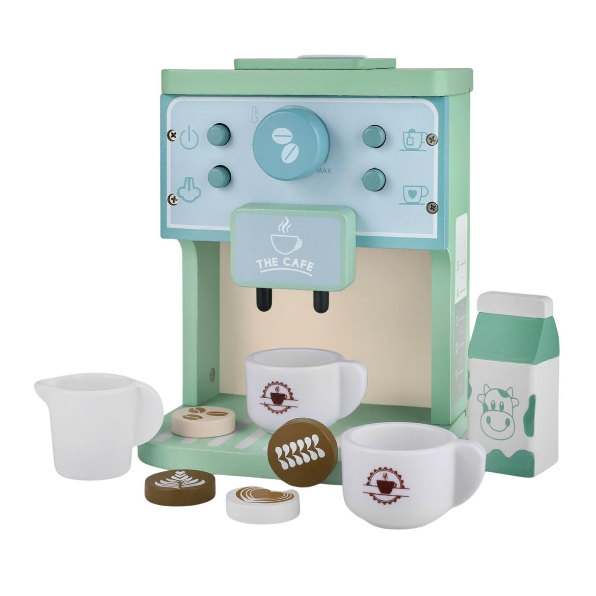 Aparat de Cafea pentru Copii, Flippy, Espressor de Cafea pentru Copii, Jucarie din Lemn, Set Barista din 10 Piese, 15 x 12.2 x 21.5 cm, Verde/Albastru - vivimall.ro