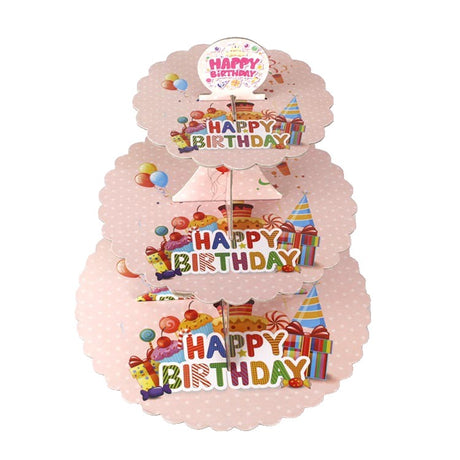 Suport Etajat pentru Prajituri, Flippy, cu Tematica Happy Birthday, 3 Nivele, Model 2, 38x34x1cm, Multicolor - vivimall.ro