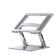 Suport laptop și tabletă Flippy gri din metal, pliabil și ajustabil, vedere frontală, 27.7 x 27.7 cm