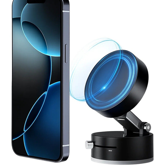 Suport Magnetic Auto pentru Telefon, cu Ventuza, Pliabil si Retractabil, Fixare prin Vid si Magnet, Rotativ 360° - vivimall.ro