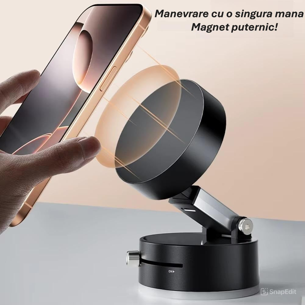 Suport Magnetic Auto pentru Telefon, cu Ventuza, Pliabil si Retractabil, Fixare prin Vid si Magnet, Rotativ 360° - vivimall.ro
