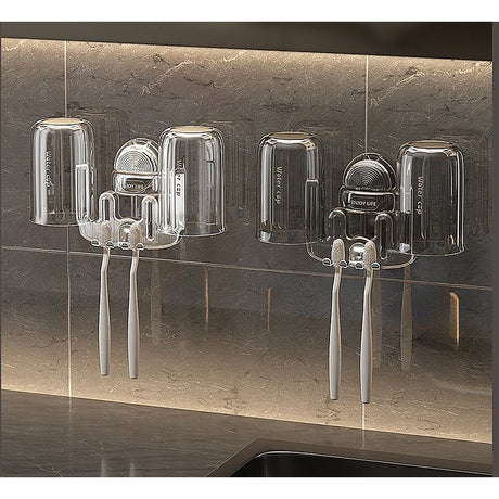 Suport Multifunctional Dublu, Pahar si Suport pentru Periuta de Dinti, Vivimall, Plastic, 11 cm x 11.5 cm, Transparent - vivimall.ro