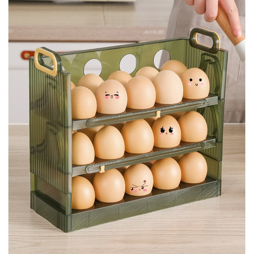 Suport Organizator Pentru Oua, Pentru Frigider, Verde Transparent, Capacitate 30 Oua, Trei Straturi, Cu Data De Expirare, 25.5X10X23 Cm - vivimall.ro