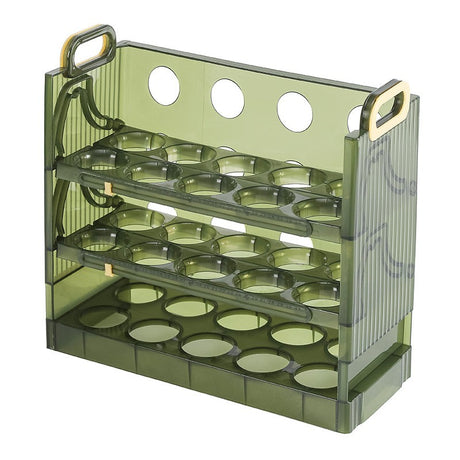 Suport Organizator pentru Oua, Vivimall, pentru Frigider, Verde transparent, Capacitate 30 oua, Trei straturi, cu Data de Expirare, 25.5x10x23 cm - vivimall.ro