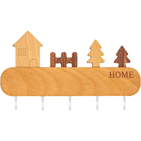Suport Pentru Chei, Din Lemn, Aplicare Fara Perforare, Adeziv Inclus, 5 Carlige Albe, Model Casuta, Greutate Suportata 5 Kg, 13.5 X 23 Cm, Maro - vivimall.ro