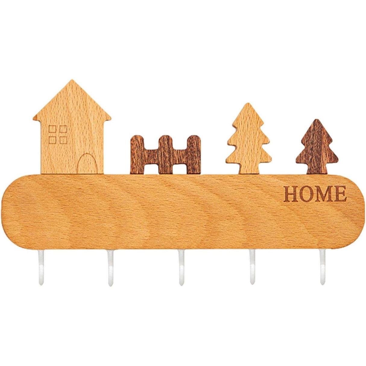 Suport pentru Chei, Vivimall, din Lemn, Aplicare fara Perforare, Adeziv Inclus, 5 Carlige Albe, Model Casuta, Greutate Suportata 5 kg, 13.5 x 23 cm, Maro - vivimall.ro