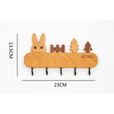 Suport pentru Chei, Vivimall, din Lemn, Aplicare fara Perforare, Adeziv Inclus, 5 Carlige Negre, Model Iepure, Greutate Suportata 5 kg, 13.5 x 22 cm, Maro - vivimall.ro