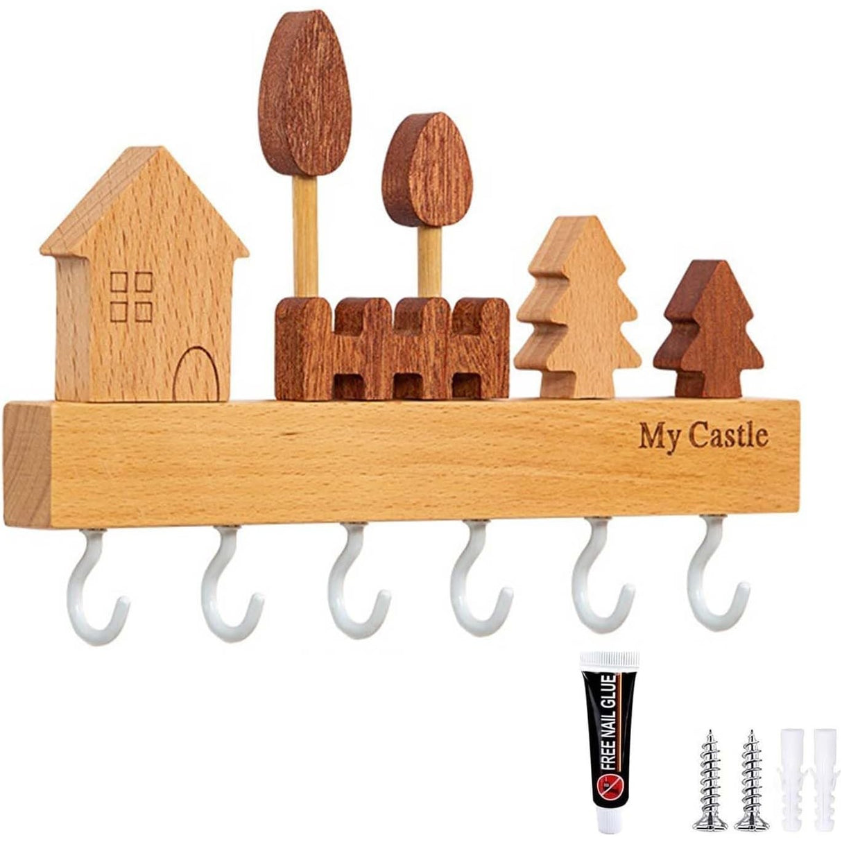Suport pentru Chei, Vivimall, din Lemn, Aplicare fara Perforare, Adeziv Inclus, 6 Carlige Albe, Model Casuta, Greutate Suportata 5 kg, 14.5 x 2 x 22.5 cm, Maro - vivimall.ro