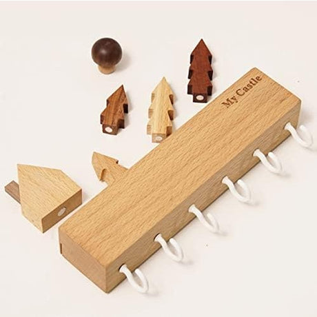 Suport Pentru Chei, Din Lemn, Aplicare Fara Perforare, Adeziv Inclus, 6 Carlige Albe, Model Casuta, Greutate Suportata 5 Kg, 14.5 X 2 X 22.5 Cm, Maro - vivimall.ro