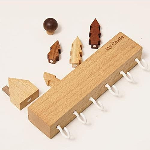 Suport pentru Chei, Vivimall, din Lemn, Aplicare fara Perforare, Adeziv Inclus, 6 Carlige Albe, Model Casuta, Greutate Suportata 5 kg, 14.5 x 2 x 22.5 cm, Maro - vivimall.ro