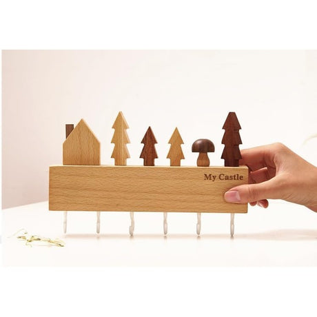 Suport Pentru Chei, Din Lemn, Aplicare Fara Perforare, Adeziv Inclus, 6 Carlige Albe, Model Casuta, Greutate Suportata 5 Kg, 14.5 X 2 X 22.5 Cm, Maro - vivimall.ro