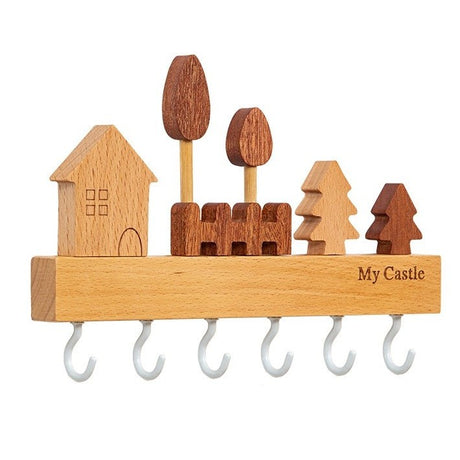 Suport pentru Chei, Vivimall, din Lemn, Aplicare fara Perforare, Adeziv Inclus, 6 Carlige Albe, Model Casuta, Greutate Suportata 5 kg, 14.5 x 2 x 22.5 cm, Maro - vivimall.ro