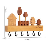 Suport pentru Chei, Vivimall, din Lemn, Aplicare fara Perforare, Adeziv Inclus, 6 Carlige Negre, Model Casuta, Greutate Suportata 5 kg, 14.5 x 2 x 22.5 cm, Maro - vivimall.ro