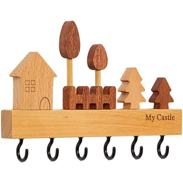 Suport pentru Chei, Vivimall, din Lemn, Aplicare fara Perforare, Adeziv Inclus, 6 Carlige Negre, Model Casuta, Greutate Suportata 5 kg, 14.5 x 2 x 22.5 cm, Maro - vivimall.ro