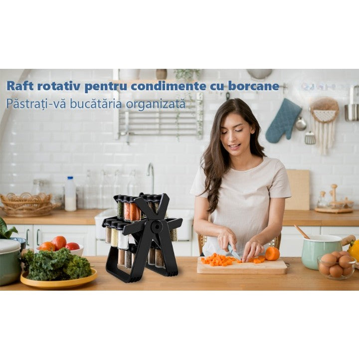 Suport Pentru Condimente Rotativ, Vivimall, Multifunctional, Pivotant 360°, Portabil, Usor de Montat, 34x23 cm, ABS/Sticla, Negru - vivimall.ro