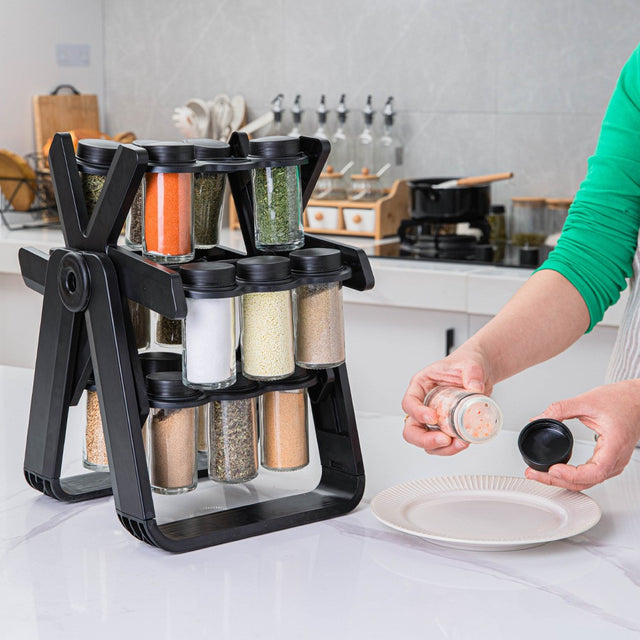 Suport Pentru Condimente Rotativ, Multifunctional, Pivotant 360A°, Portabil, Usor De Montat, 34X23 Cm, Abs/Sticla, Negru - vivimall.ro
