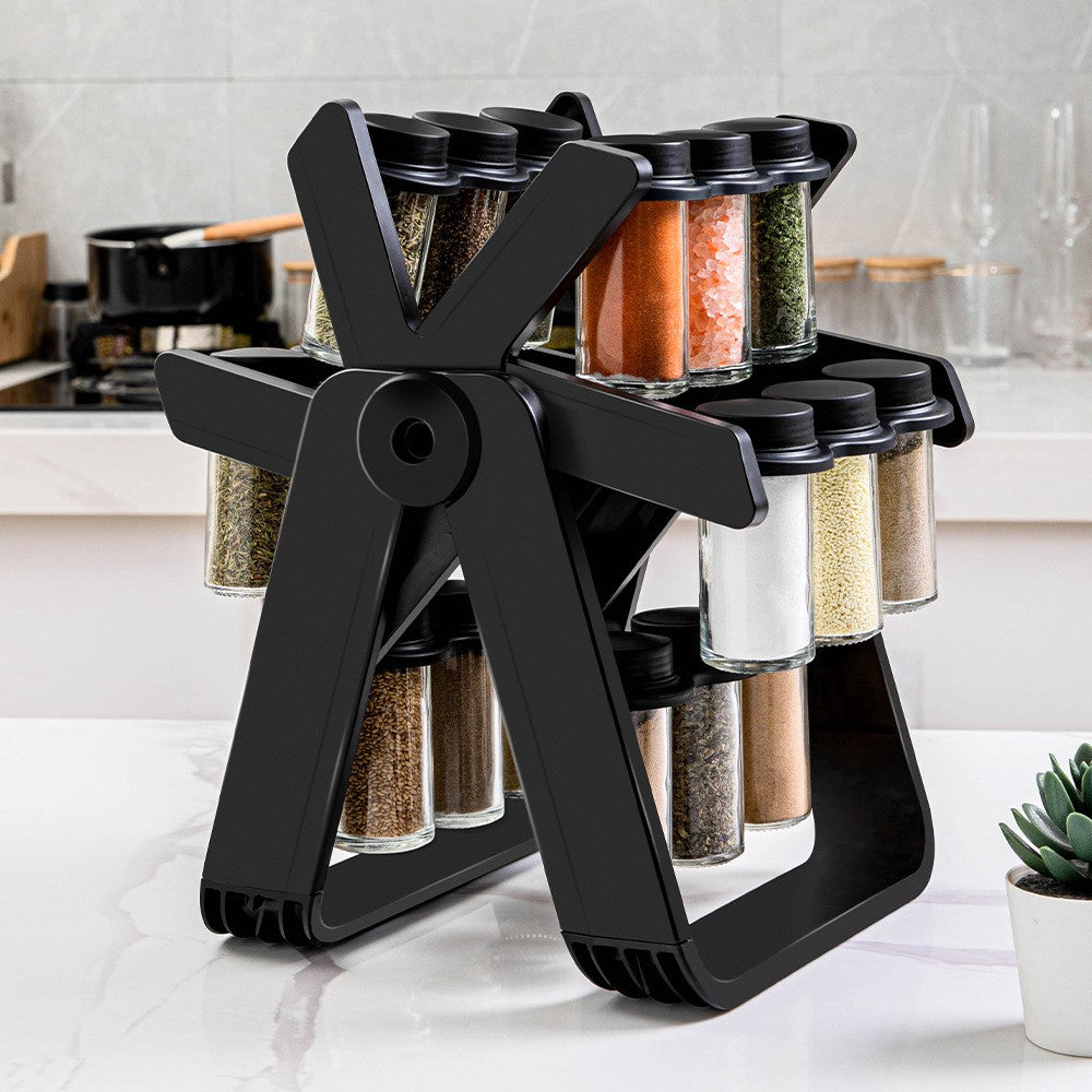 Suport Pentru Condimente Rotativ, Multifunctional, Pivotant 360A°, Portabil, Usor De Montat, 34X23 Cm, Abs/Sticla, Negru - vivimall.ro