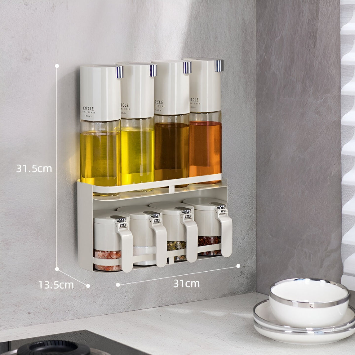 Suport pentru Depozitare Condimente, Ulei, Otet, Vivimall, Montare pe Perete din 9 Piese, Uz Casnic, pentru Bucatarie, 31x13.5x36.8cm, Alb - vivimall.ro