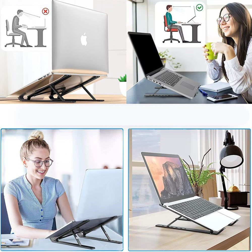 Suport laptop portabil pliabil negru, detaliu mecanism reglabil aliaj metalic, dimensiuni 26x19x16 cm