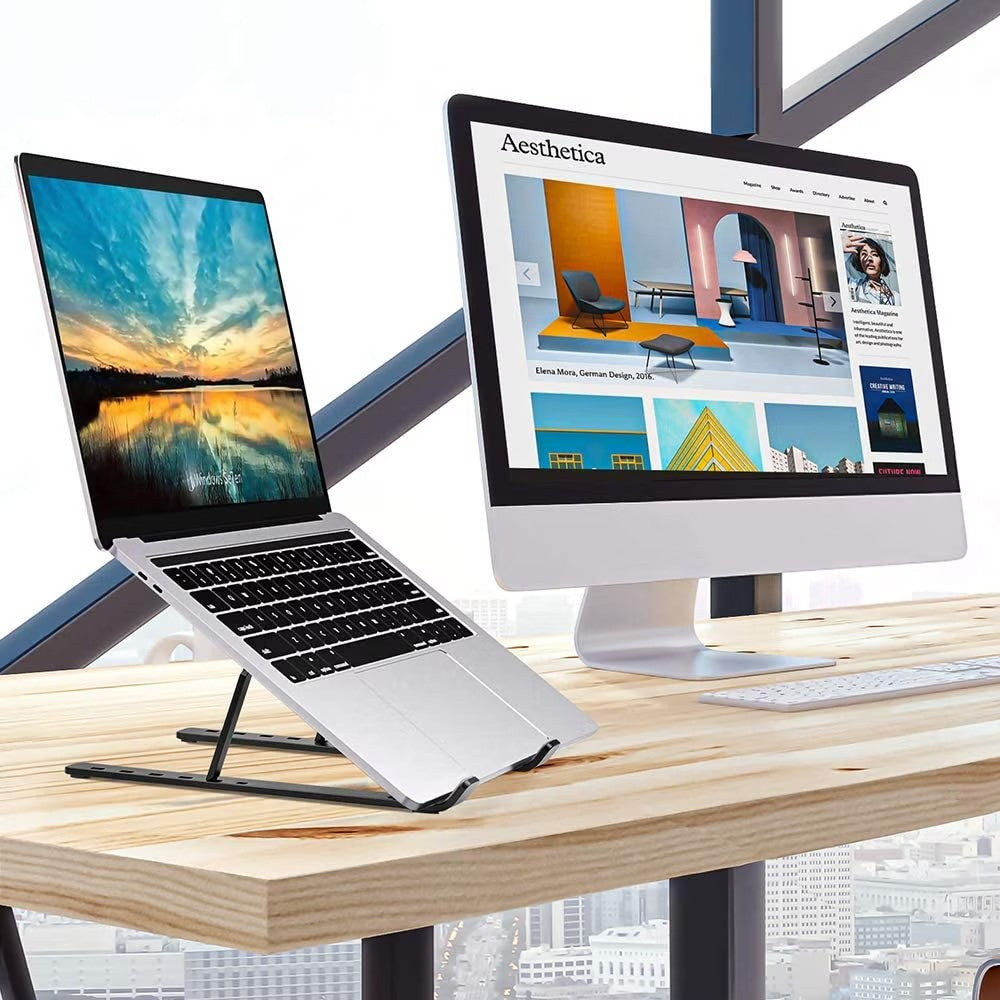 Suport laptop negru pliat compact, vedere laterală, material ABS și aliaj, portabil pentru birou