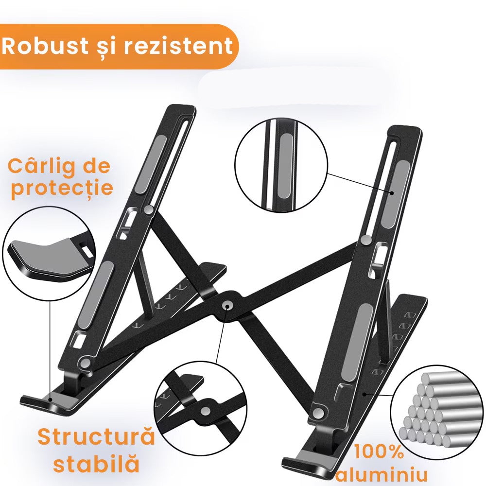 Suport laptop reglabil negru în utilizare cu tabletă, vedere perspectivă, structură stabilă