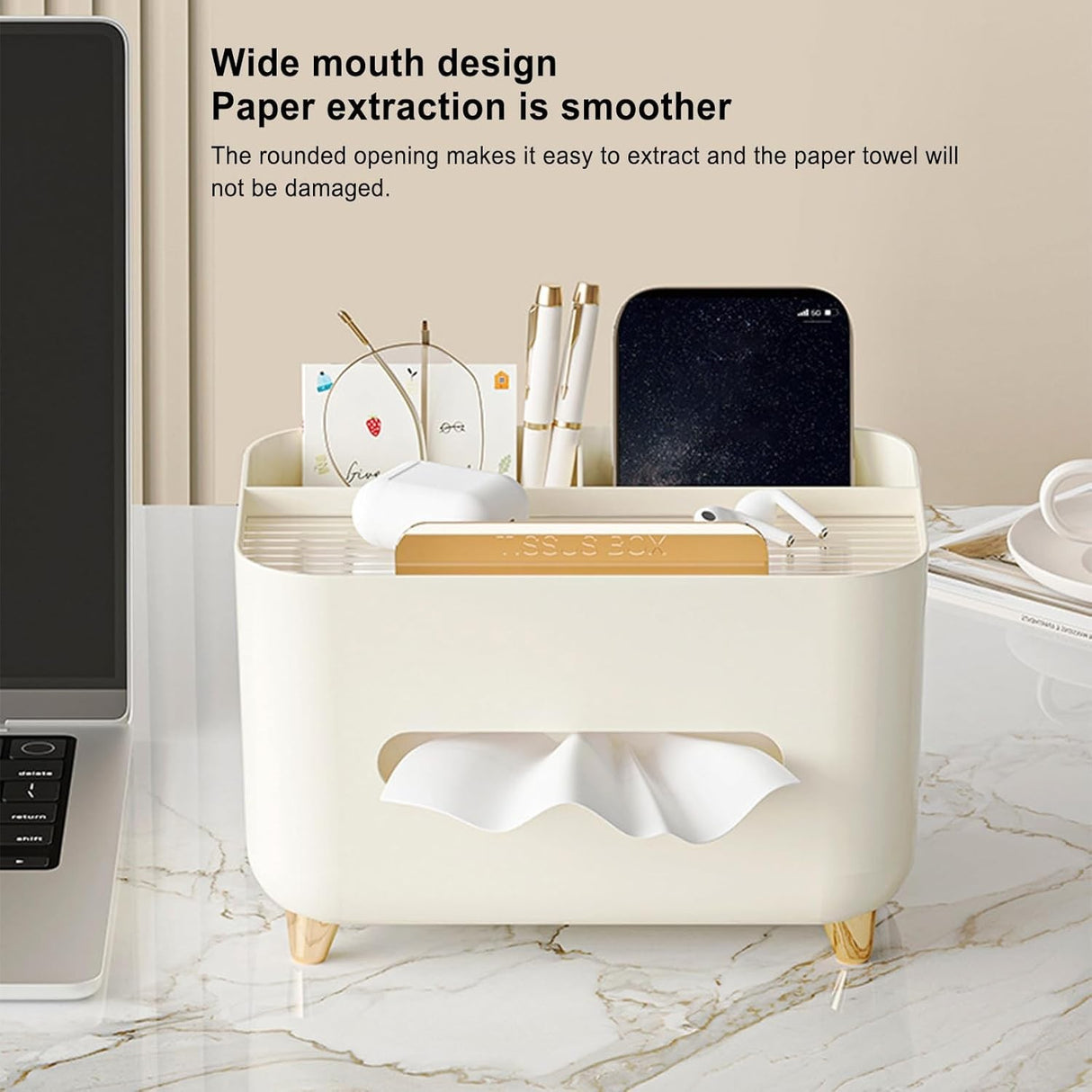 Suport Pentru Servetele, Cutie Multifunctionala, Design Minimalist, Abs, Cu Suport Pentru Obiectele Personale, Pentru Birou, Crem - vivimall.ro