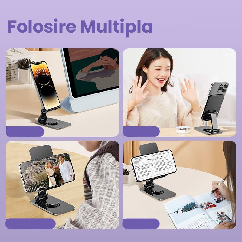 Suport telefon birou din aluminiu space grey pliat compact, vedere din lateral dreapta