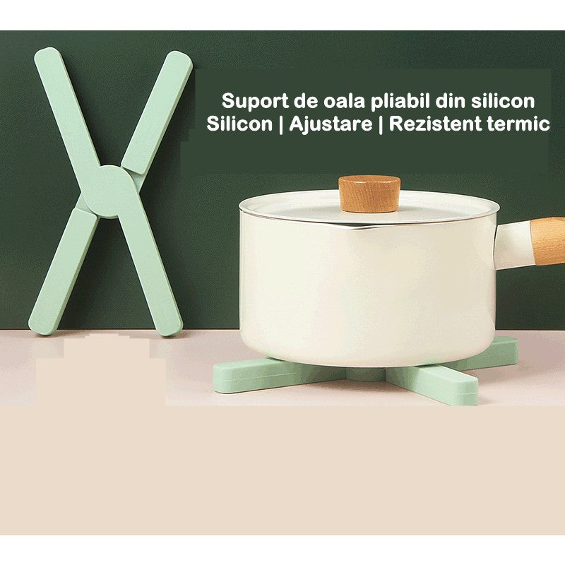 Suport pliabil din silicon pentru vase fierbinti Vivimall, portabil, usor de depozitat, rezistent la temperaturi foarte ridicate, 14.5 x 7.5 x 1.6 cm, antialunecare, verde - vivimall.ro