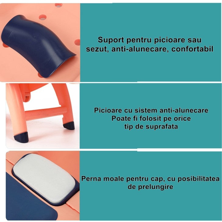 Suport Pliabil pentru Spalat Parul Vivimall, Pentru Copii, 0 - 16 ani, cu Picioare Antialunecare, Material Polipropilena, Suport Cap Reglabil, cu Manere, 82 x 40 x 28 cm, Bleumarin