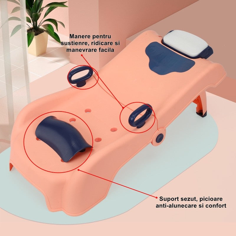 Suport Pliabil pentru Spalat Parul Vivimall, Pentru Copii, 0 - 16 ani, cu Picioare Antialunecare, Material Polipropilena, Suport Cap Reglabil, cu Manere, 82 x 40 x 28 cm, Roz pal