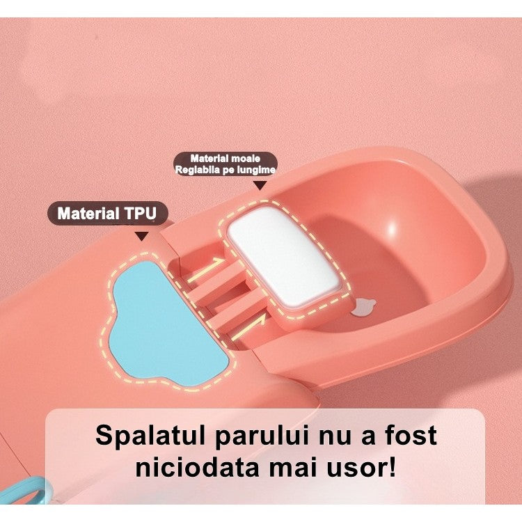 Suport Pliabil pentru Spalat Parul Vivimall, Pentru Copii, cu Scurgere, cu Picioare Antialunecare, Material Polipropilena, Suport Cap Reglabil, cu Manere, 110 x 35 x 21 cm, Roz