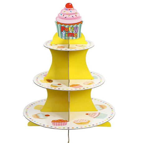 Suport Prajituri, Flippy, 3 Etaje, Design de Petrecere, pentru Prajituri, Candy Bar, din Carton, Galben/Multicolor - vivimall.ro