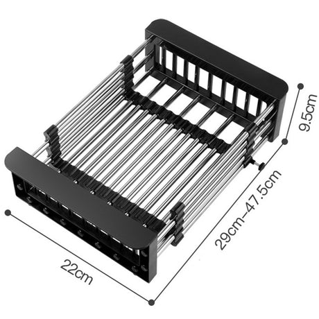 Suport Scurgere Extensibil Pentru Bucatarie, Uscator Vase Din Otel Inoxidabil, Suport Tacamuri Si Pahare, Suport Pentru Fructe Si Legume, 29 X 22 X 9.5 Cma-Negru - vivimall.ro