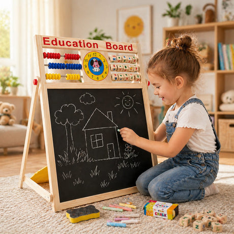 Detaliu abac și ceas educativ pe tabla magnetică Flippy, litere și cifre incluse, cadru lemn