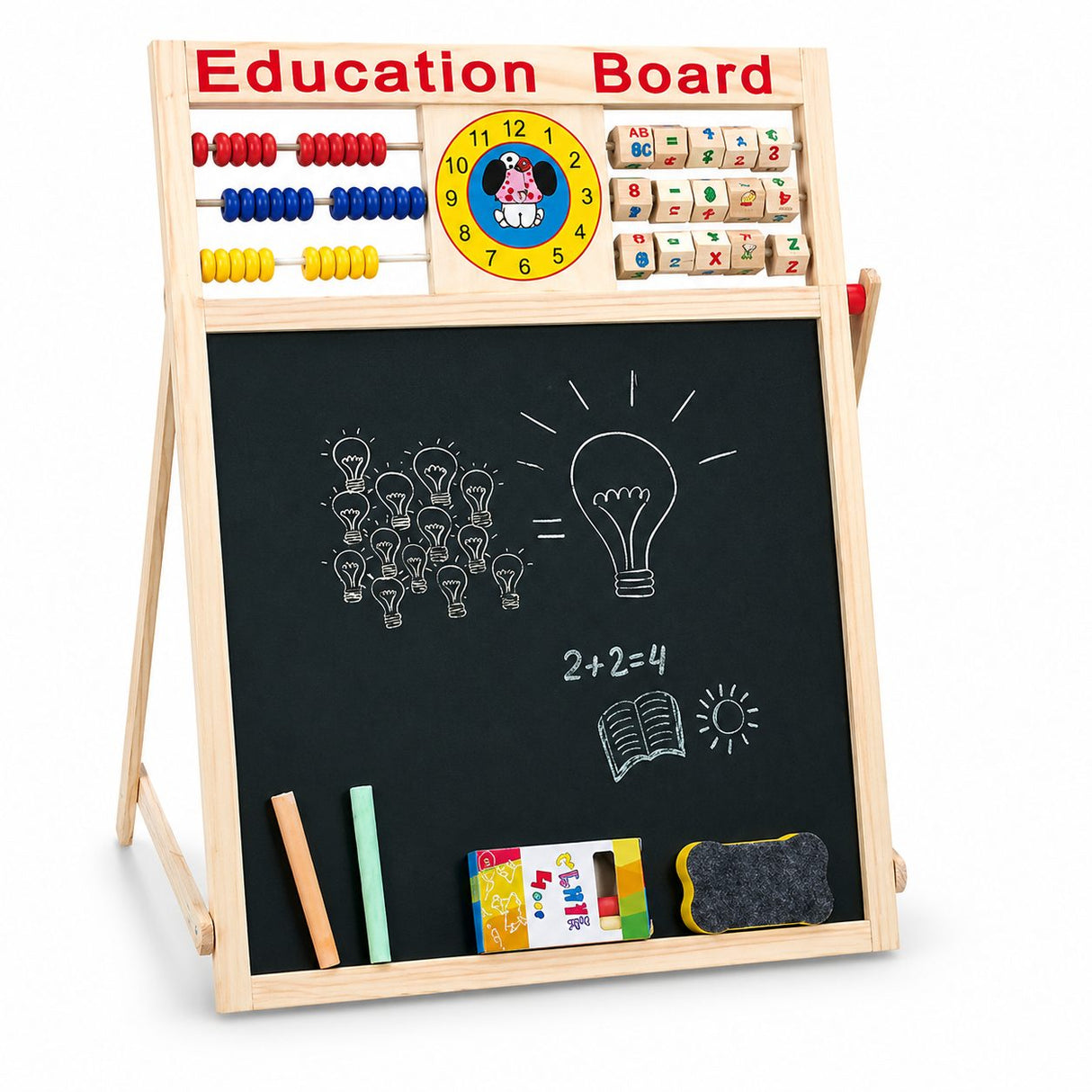 Tablă magnetică educativă Flippy cu două fețe, cadru din lemn natural, vedere frontală completă, 52x36 cm